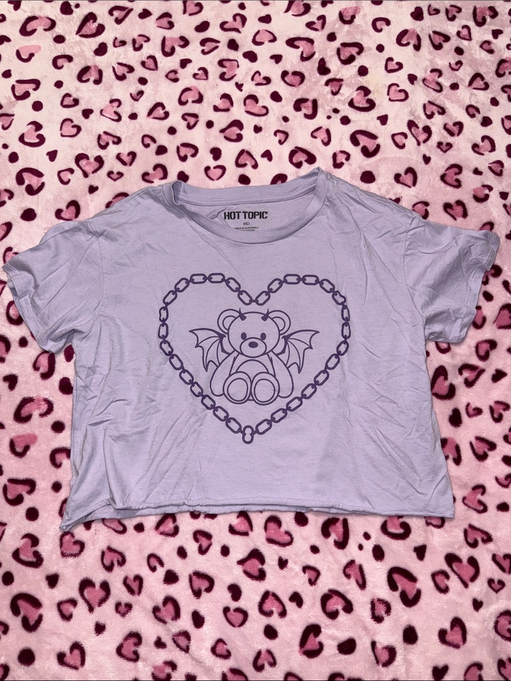 Hot Topic Lilac Bat-Wing Teddy Chain Heart Crop Tee